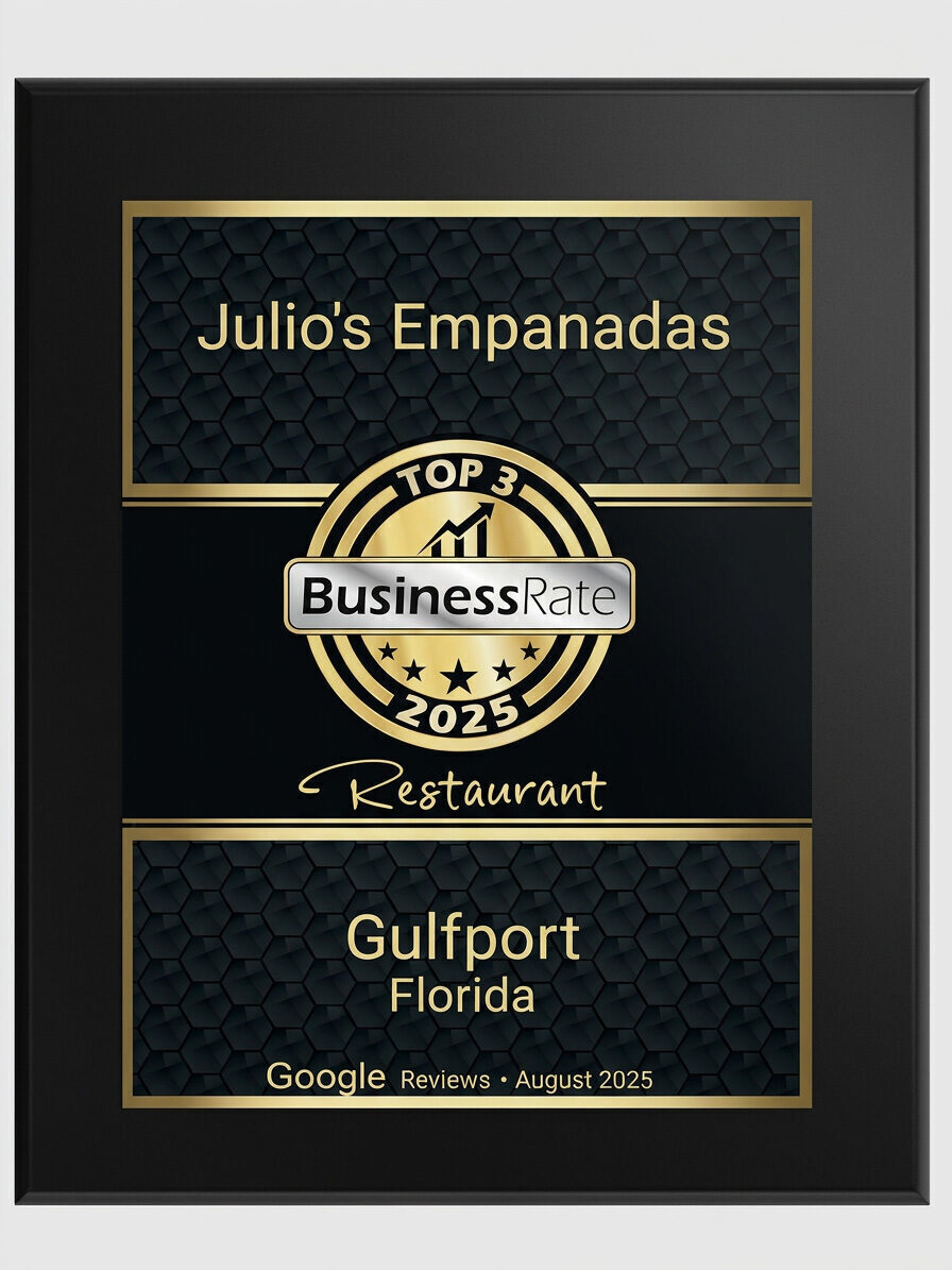 BusinessRate Top 3 Restaurant 2025 plaque for Julio's Empanadas, Gulfport, Florida